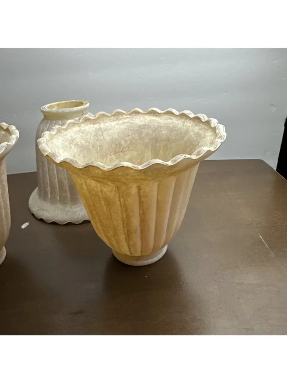 Vintage Fitted Glass Bell Shades Three Beige Marble Painted Ribbed Scalloped